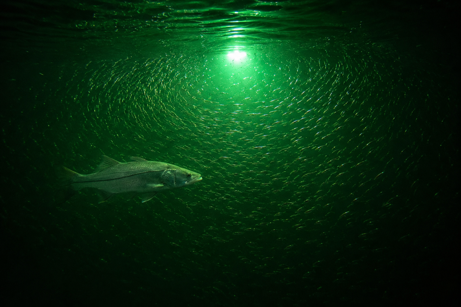 Snook swimming through a green underwater dock light beam surrounded by baitfish at night