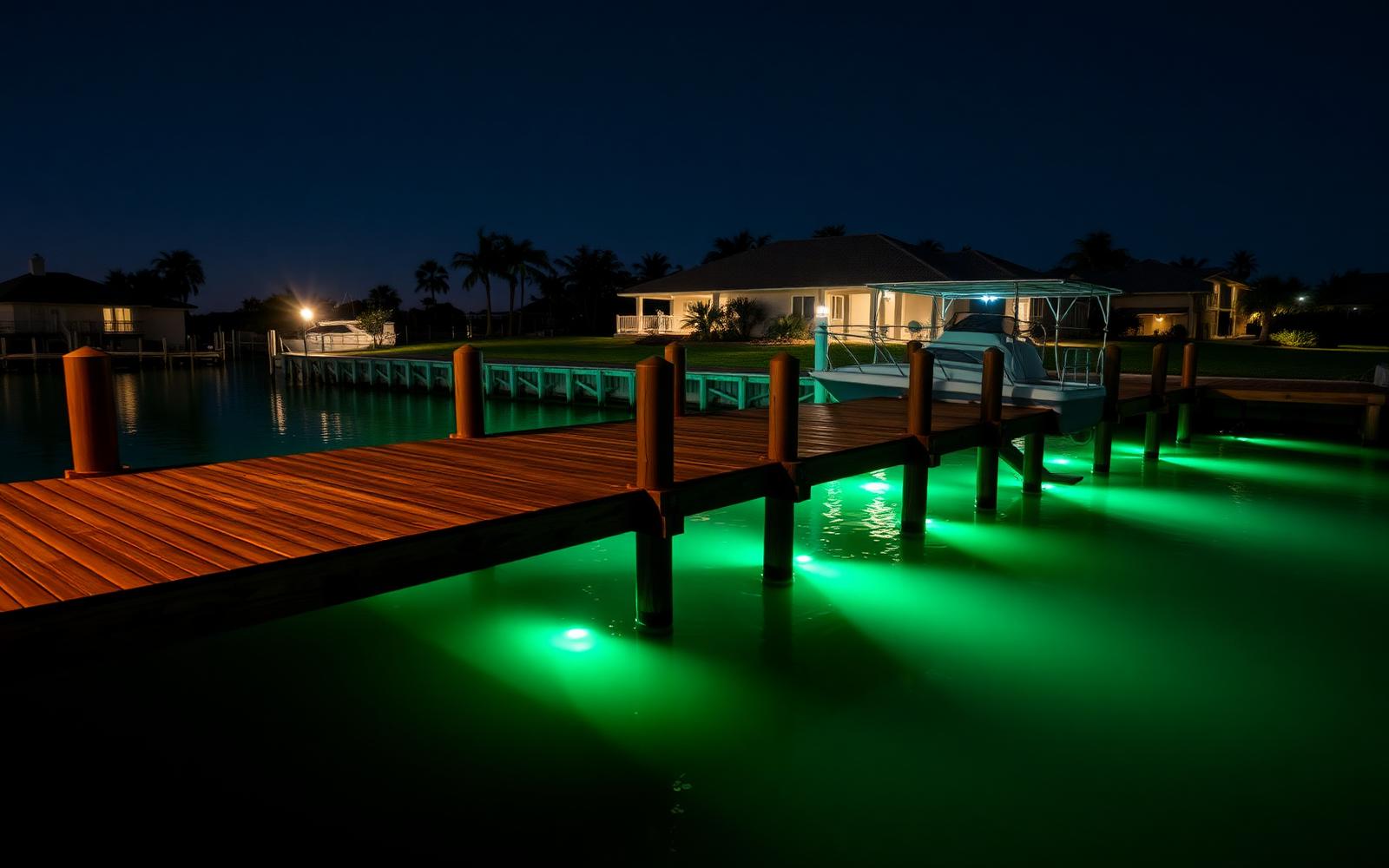 Southwest Florida dock at night glowing with green underwater LED dock lights after installation