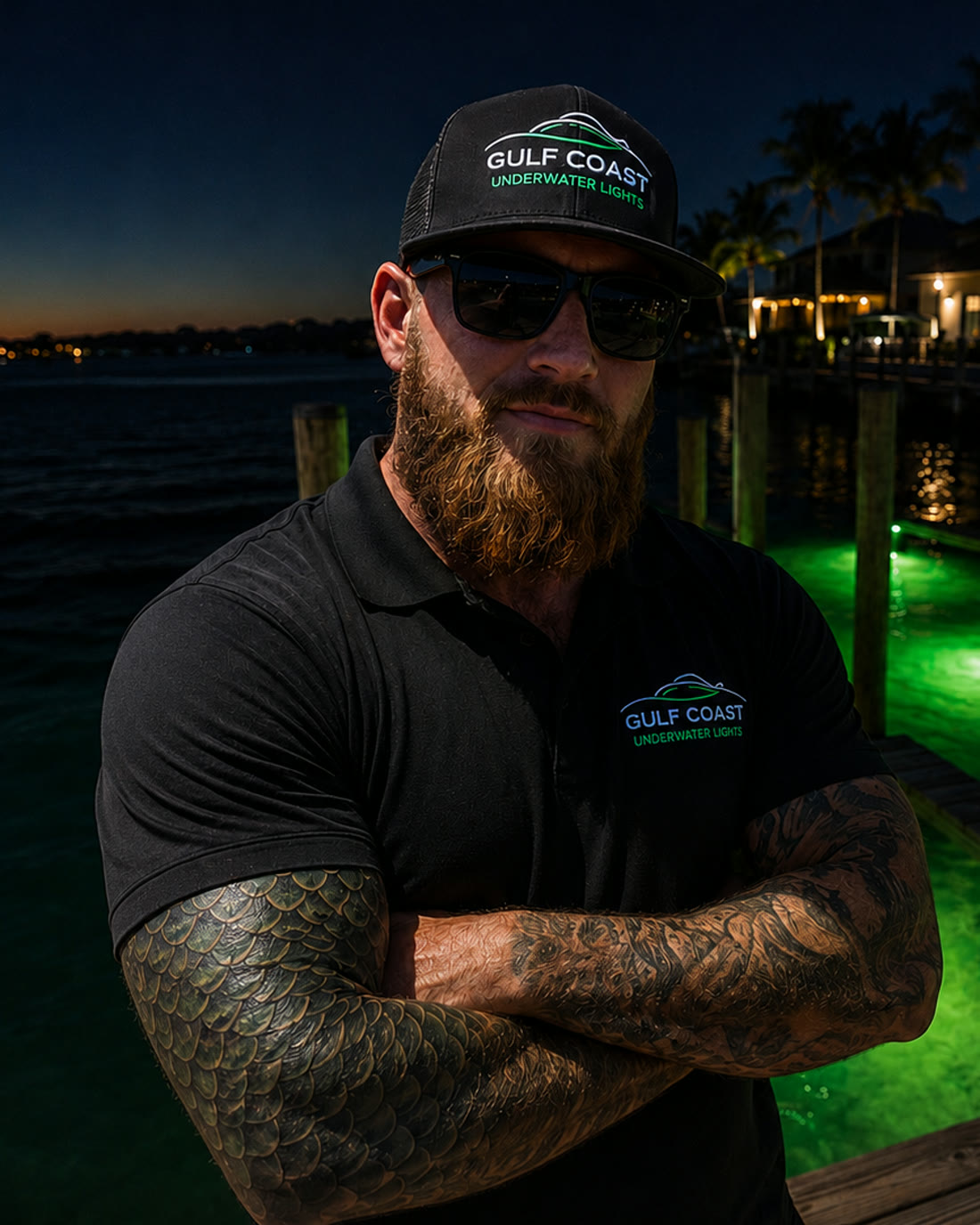 Christopher Hamilton, owner of Gulf Coast Underwater Lights, standing on a Southwest Florida dock at night beside his glowing green underwater lights