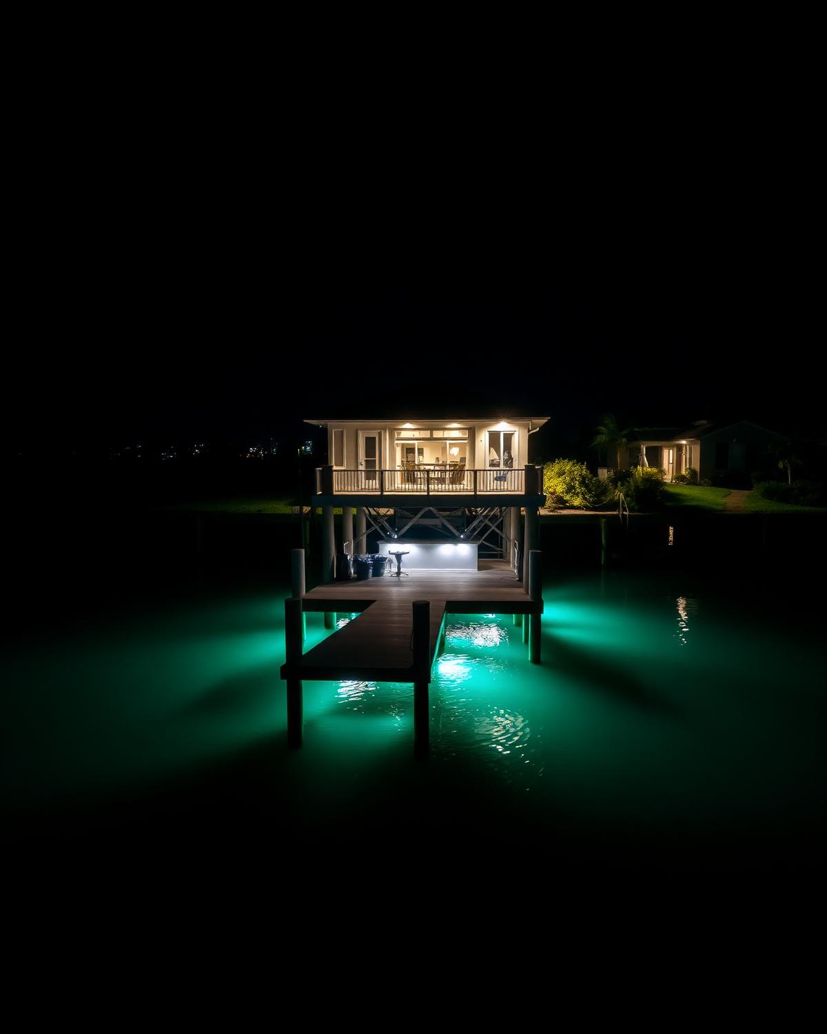 Private Florida dock illuminated with cyan underwater lights at night