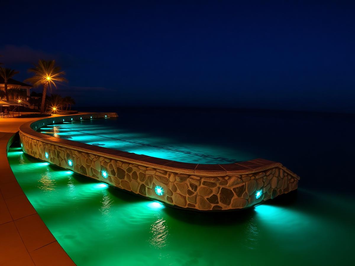 Seawall accent lighting glowing beneath the waterline